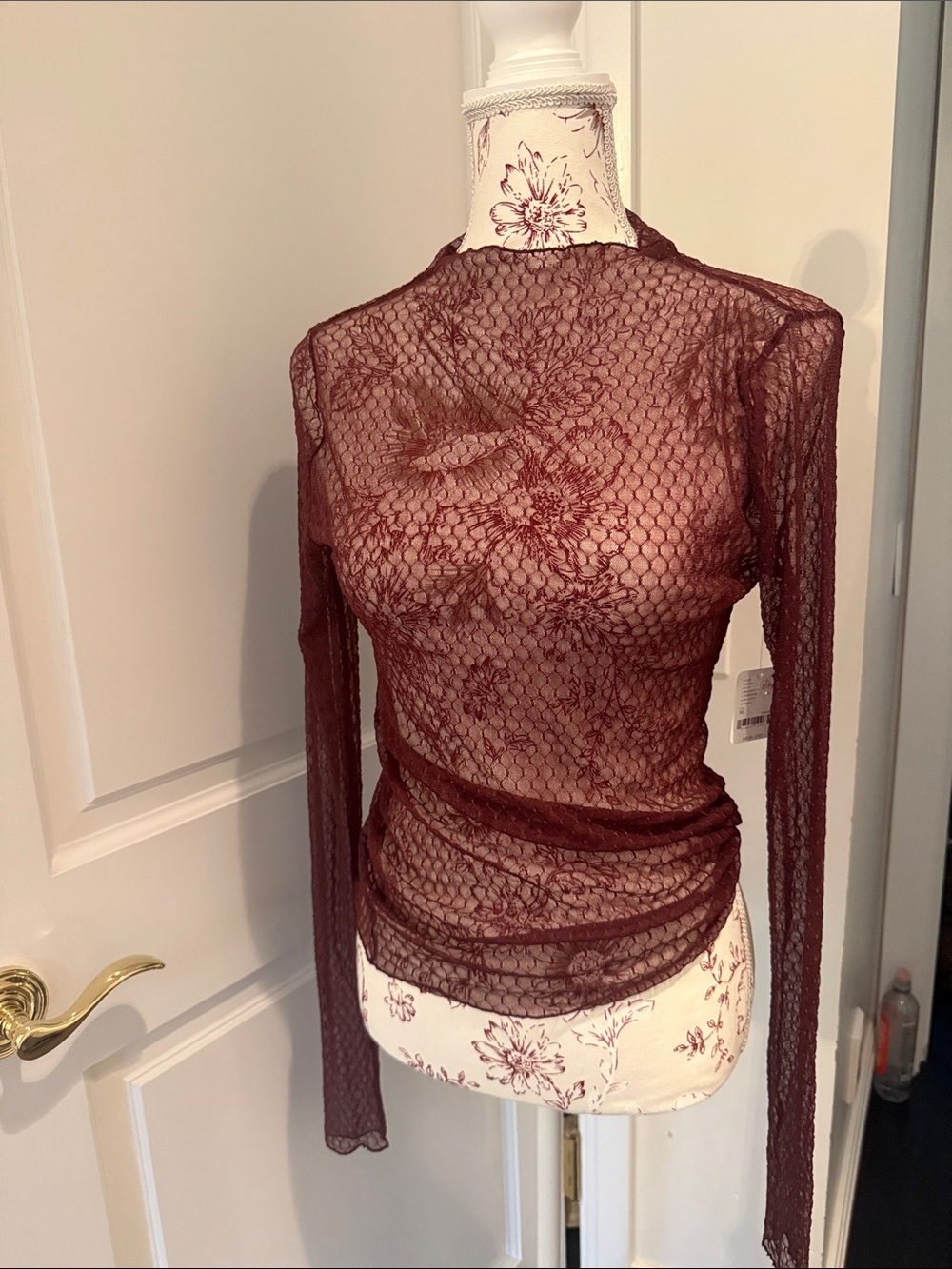 NWT Free People Burgundy Sheer Lace Long-Sleeve Top